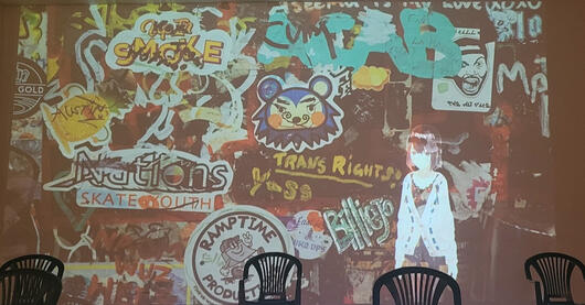 The Dive - Projection Design, The character on the right is live motion captured to be interactive with the real-actors